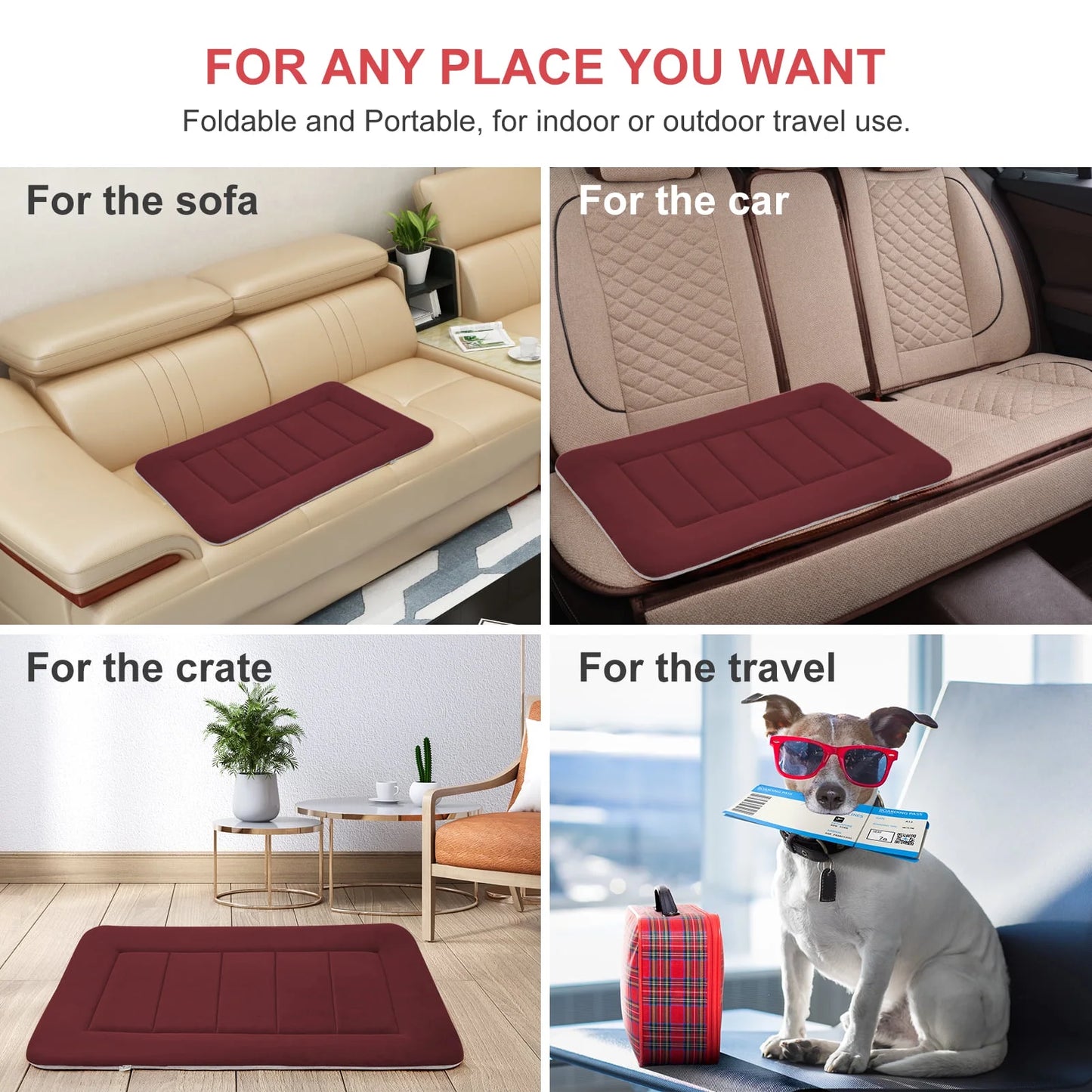 47" Dog Bed Washable Kennel Pad anti Slip Pet Crate Mat Burgundy