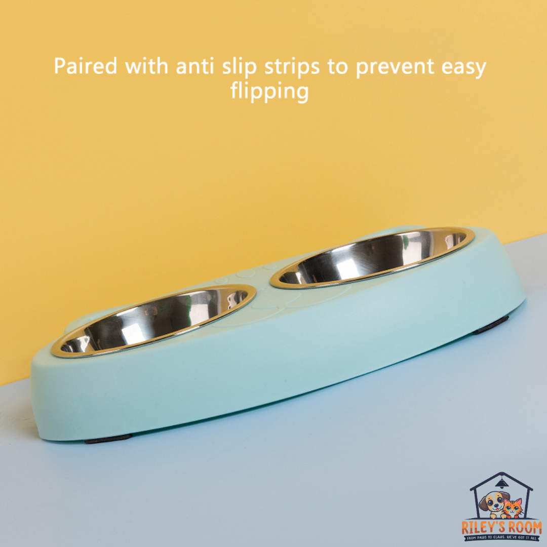 Cat Double Water and Food Bowls. Stainless Steel with Non-Slip Resin Station.