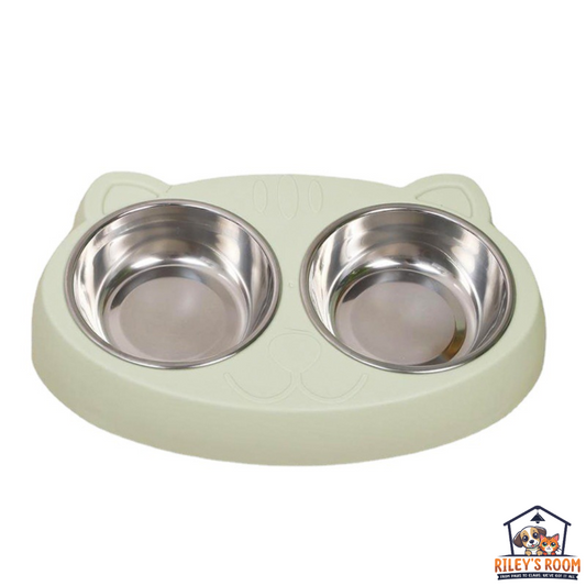 Cat Double Water and Food Bowls. Stainless Steel with Non-Slip Resin Station.