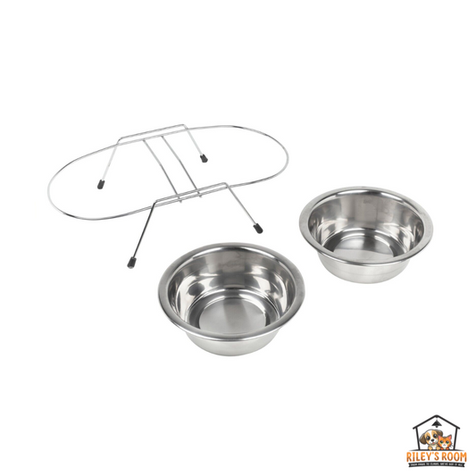 3 Piece Twin Stainless Steel Metal Non Slip Pet Cat Dog Feeding Bowl Dish Stand