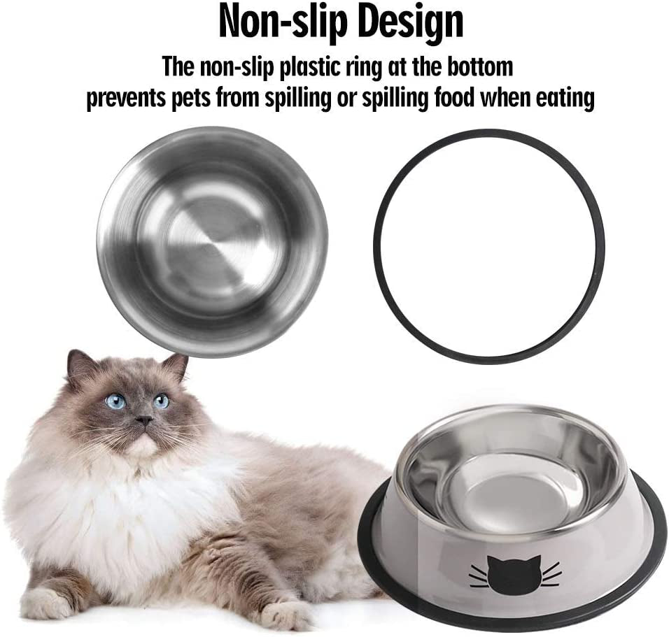 Cat Bowls for Food and Water,2Pcs  Non-Slip Stainless Steel Small 8 Oz Pet Bowl with Removable Rubber Base Dog Bowl,Stackable Puppy Dishes with Cute Cat Painted