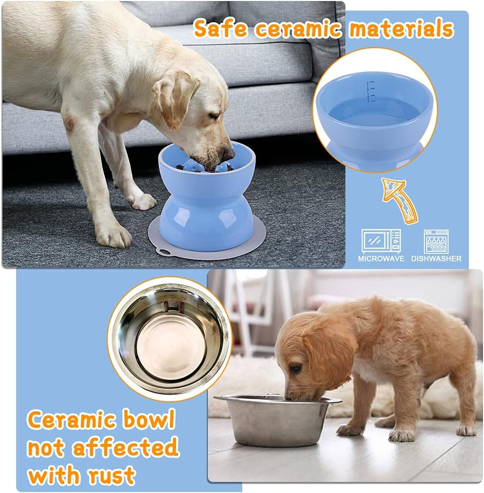 Ceramics Raised Slow Feeder Dog Bowl & Silicone Mat Set, Porcelain Elevated Dog Feeder for Food and Water, Less Regurgitating and Vomiting