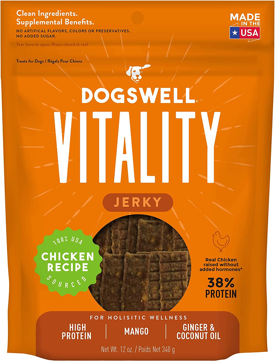 Vitality Chicken & Mango Jerky - Meaty Dog Treats with Mango, Coconut Oil & Ginger to Support Overall Health & Vitality - 12 Oz. (29278)