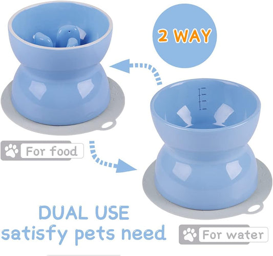 Ceramics Raised Slow Feeder Dog Bowl & Silicone Mat Set, Porcelain Elevated Dog Feeder for Food and Water, Less Regurgitating and Vomiting