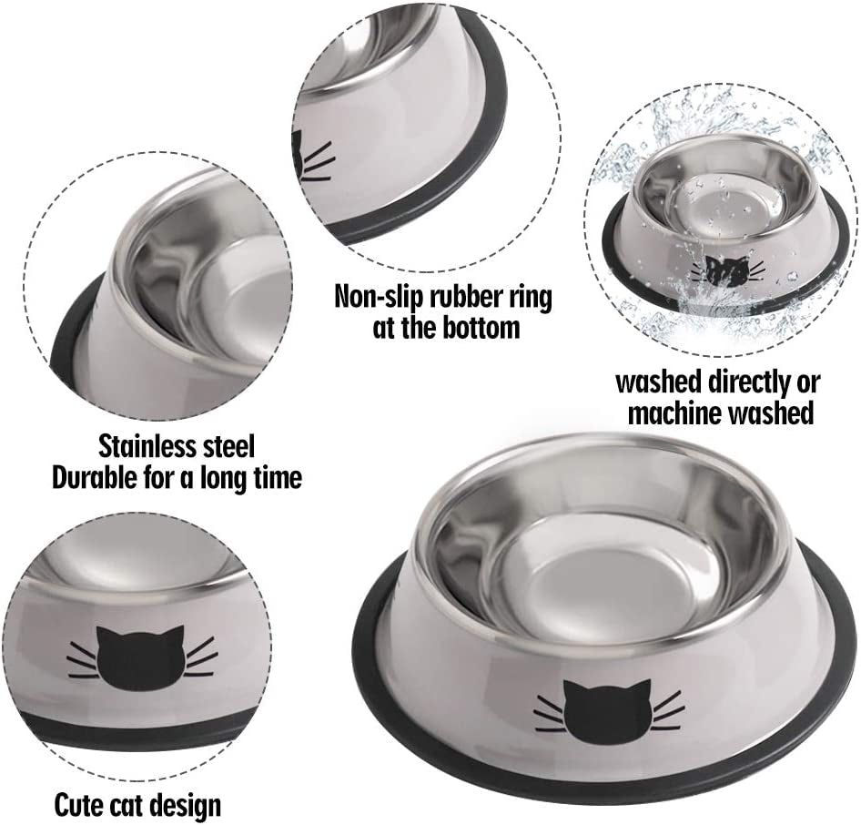 Cat Bowls for Food and Water,2Pcs  Non-Slip Stainless Steel Small 8 Oz Pet Bowl with Removable Rubber Base Dog Bowl,Stackable Puppy Dishes with Cute Cat Painted