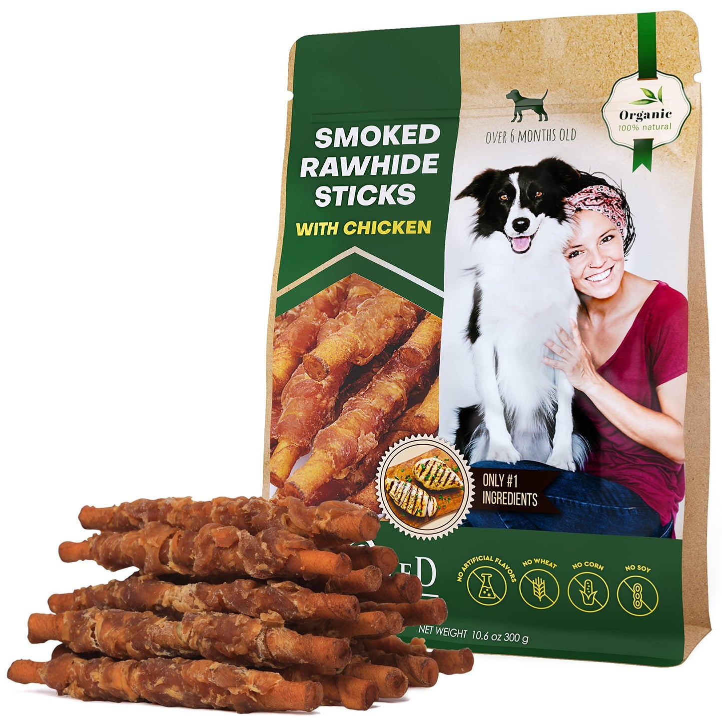 Dog Smoked Rawhide Sticks Wrapped Chicken & Pet Natural Chew Treats Grain