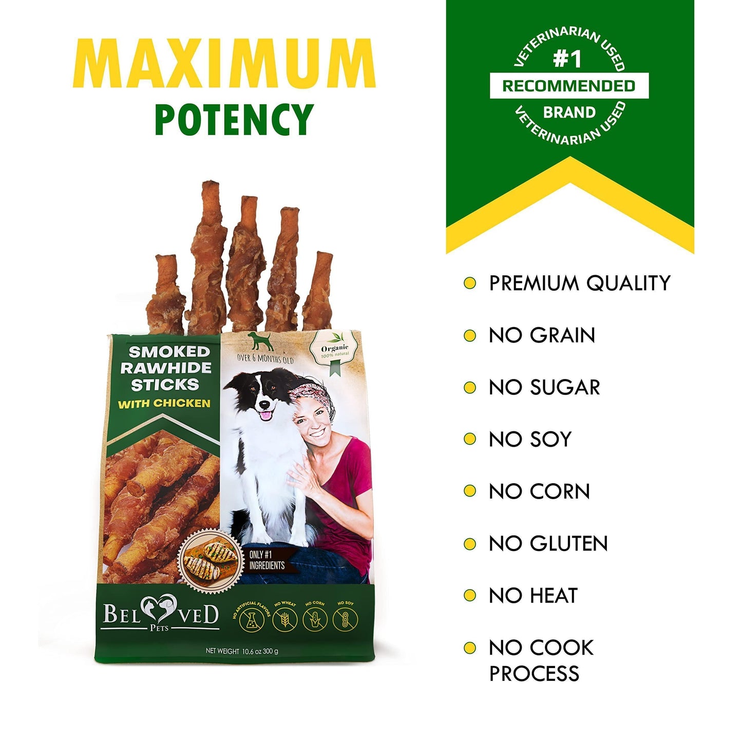 Dog Smoked Rawhide Sticks Wrapped Chicken & Pet Natural Chew Treats Grain