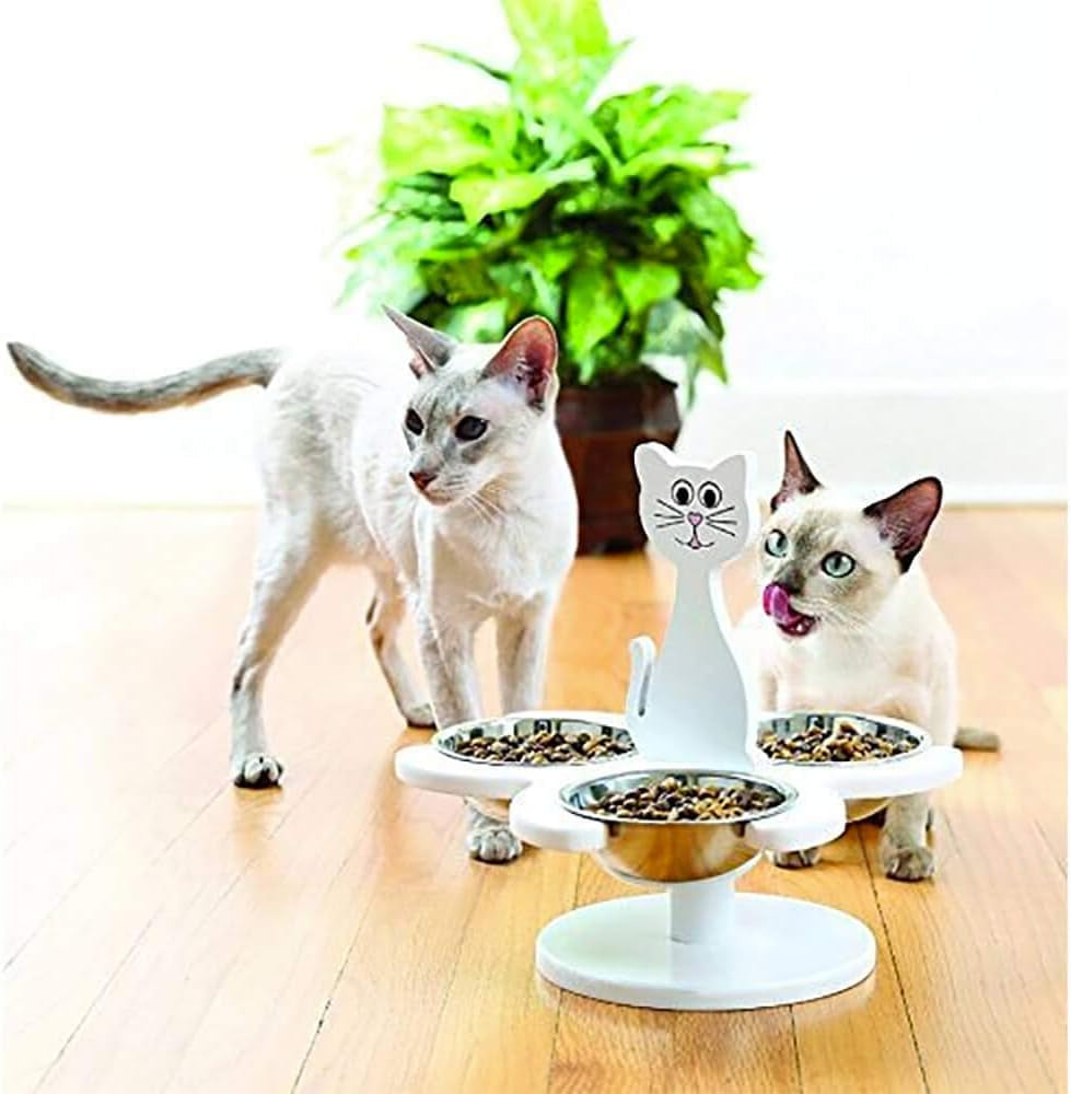 Pet Store Elevated Cat Bowls - This Wooden, Raised Pet Feeder Promotes Better Digestion and Is Easy on the Joints - Multiple Cat Feeder with 3 Removable Cat Bowls for Food and Water - White